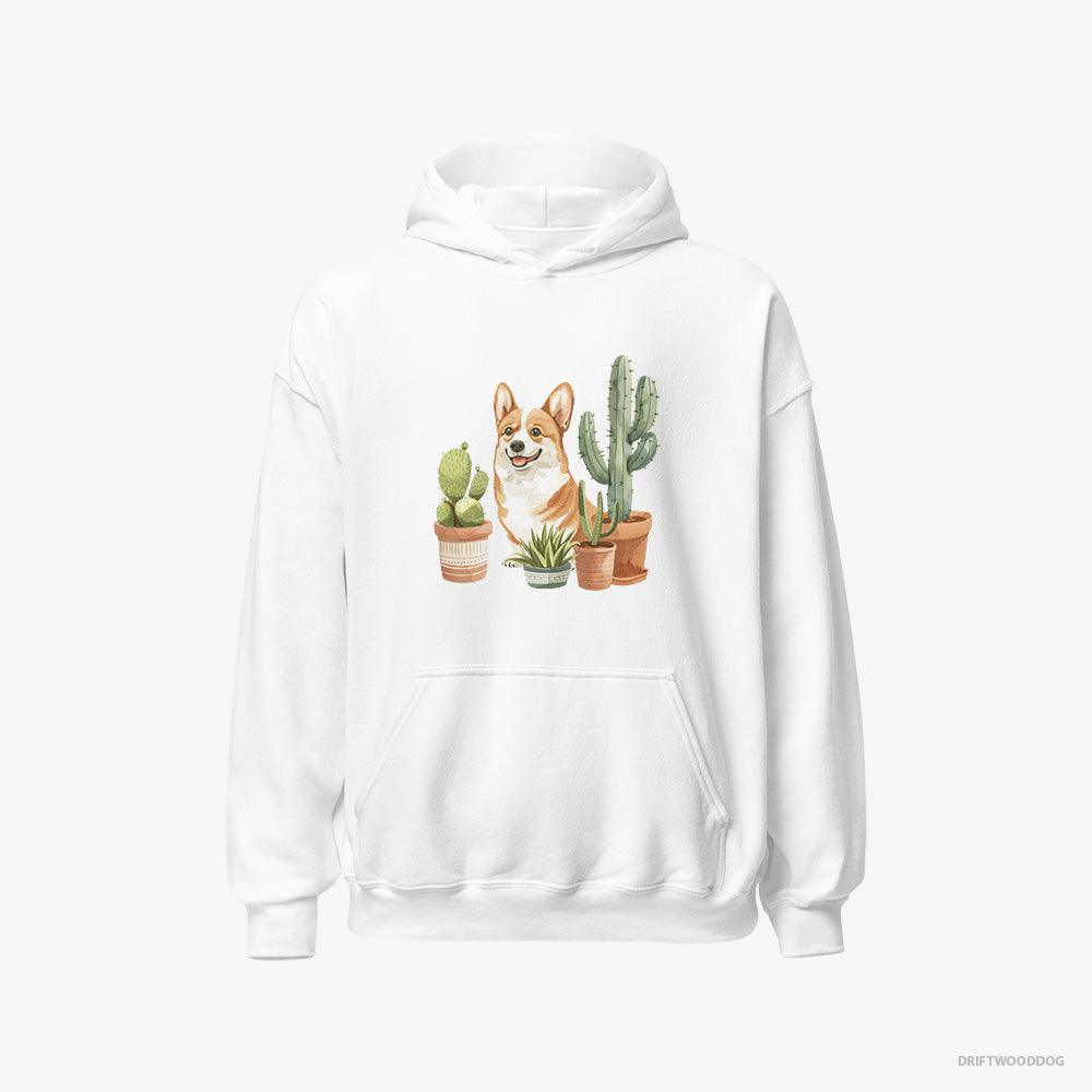 Corgi Hoodie – Men White Hoodie Classic – Sitting Among the Greenery (on White Background)