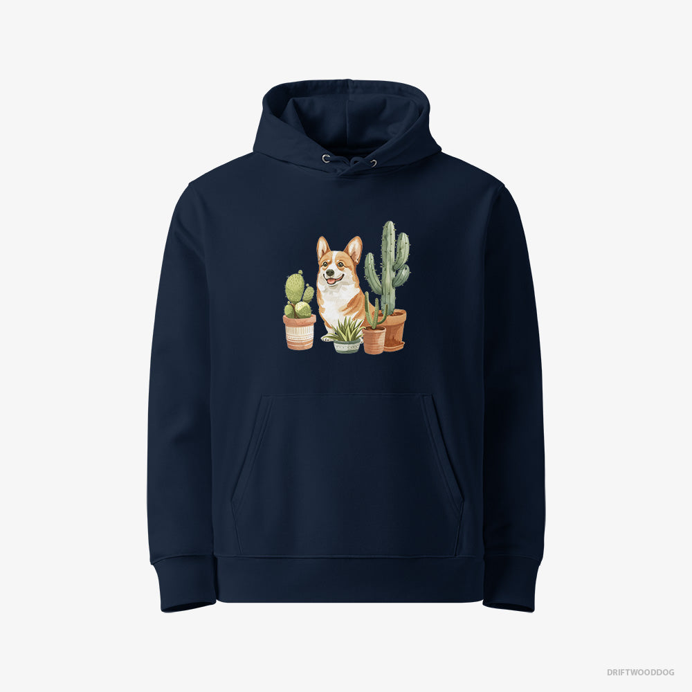 Corgi Hoodie – Men Navy Hoodie Eco-Friendly – Sitting Among the Greenery (on White Background)