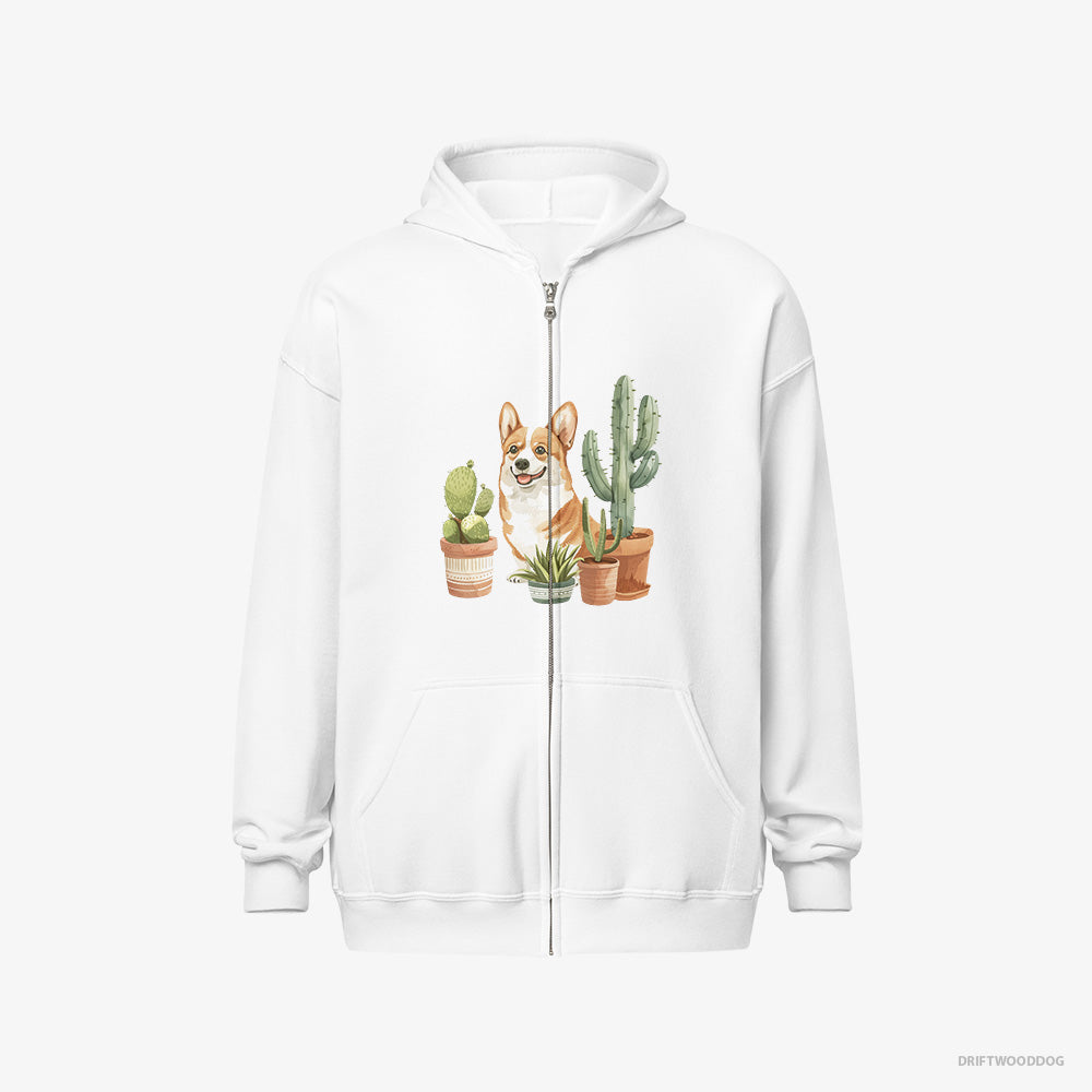 Corgi Hoodie – Men White Hoodie Full-Zip – Sitting Among the Greenery (on White Background)