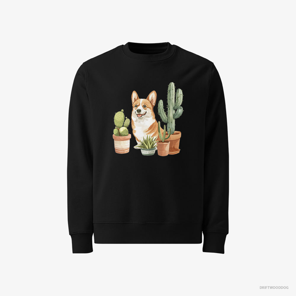 Corgi Sweatshirt – Men Black Sweatshirt Classic – Sitting Among the Greenery (on White Background)