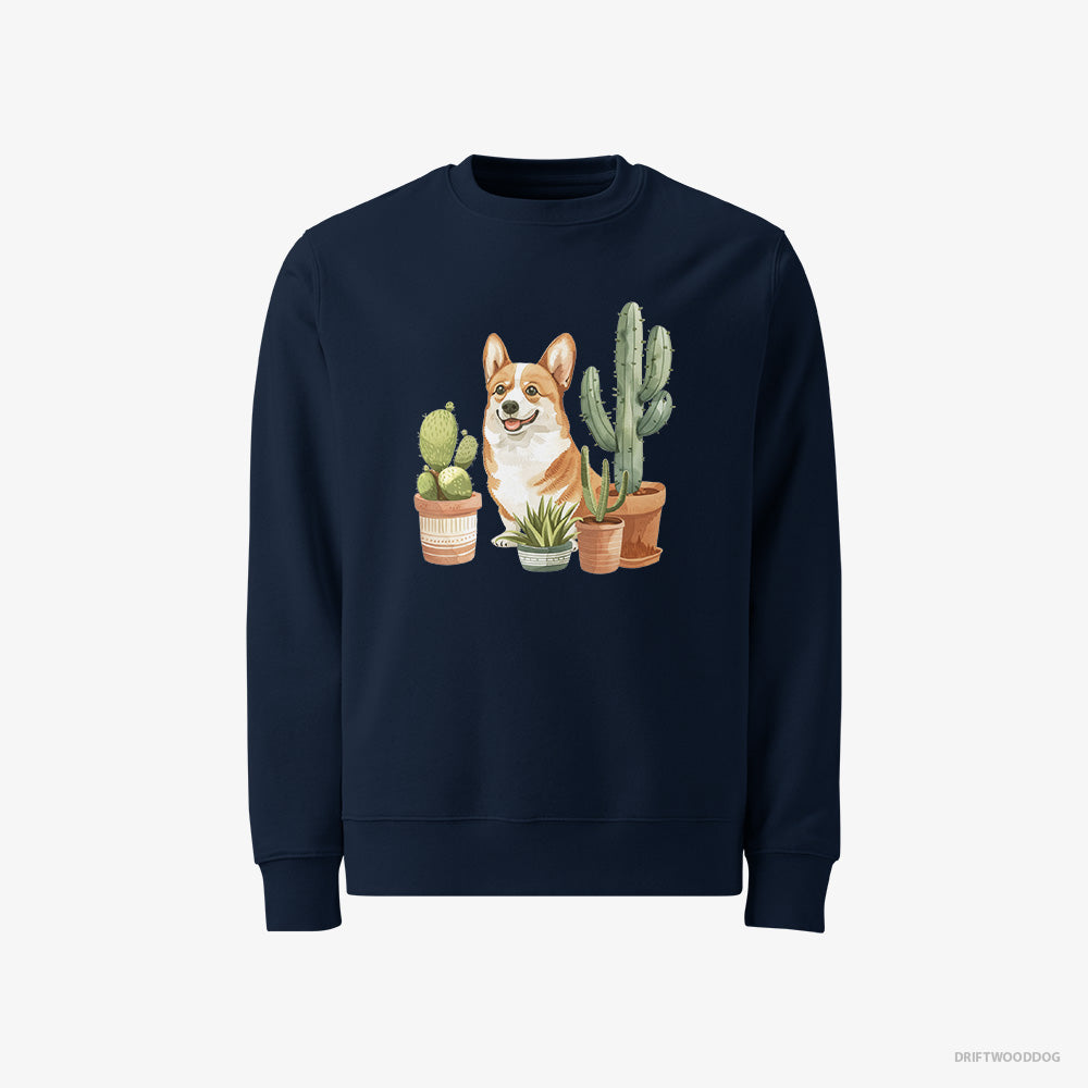 Corgi Sweatshirt – Men Navy Sweatshirt Classic – Sitting Among the Greenery (on White Background)