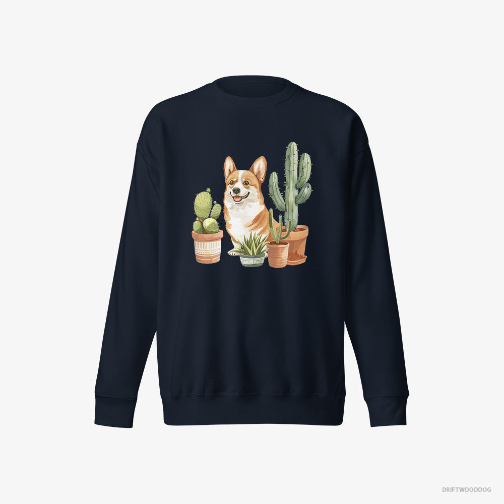 Corgi Sweatshirt – Men Navy Sweatshirt Eco-Friendly – Sitting Among the Greenery (on White Background)