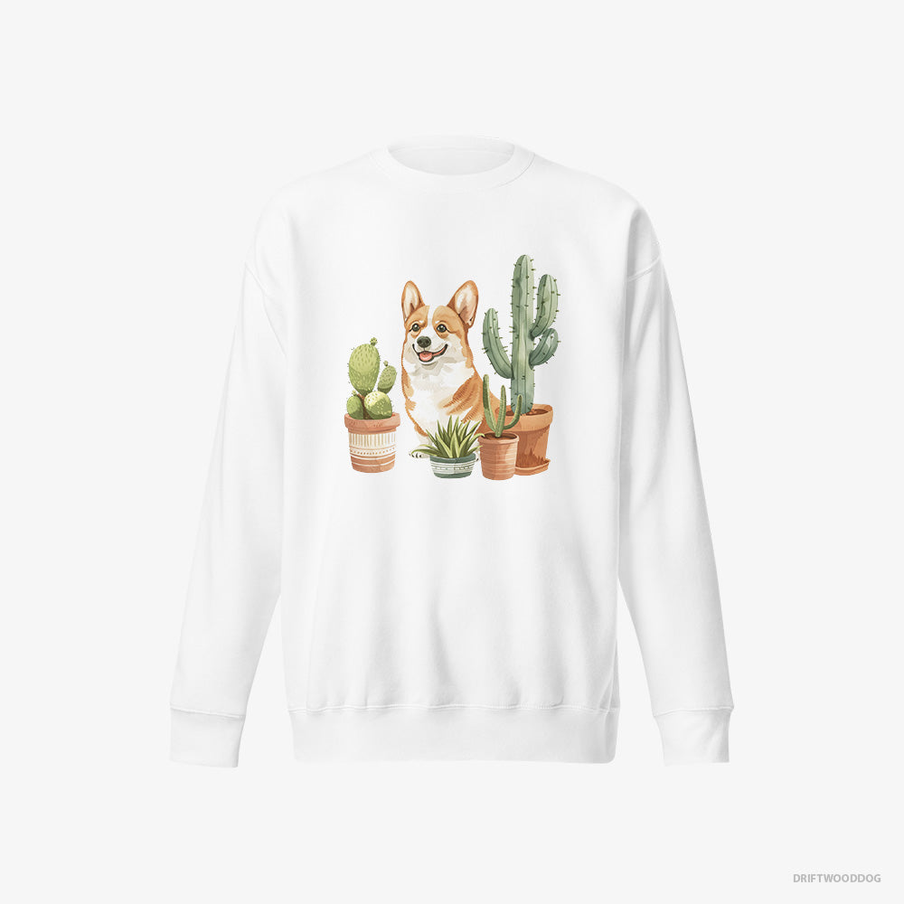 Corgi Sweatshirt – Men White Sweatshirt Eco-Friendly – Sitting Among the Greenery (on White Background)