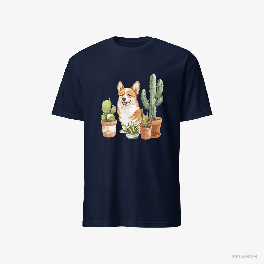 Corgi T-Shirt – Men Navy T-Shirt Classic – Sitting Among the Greenery (on White Background)