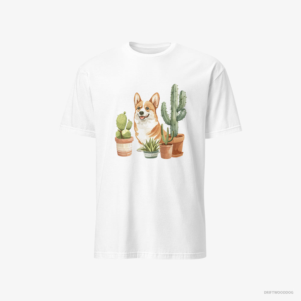 Corgi T-Shirt – Men White T-Shirt Classic – Sitting Among the Greenery (on White Background)