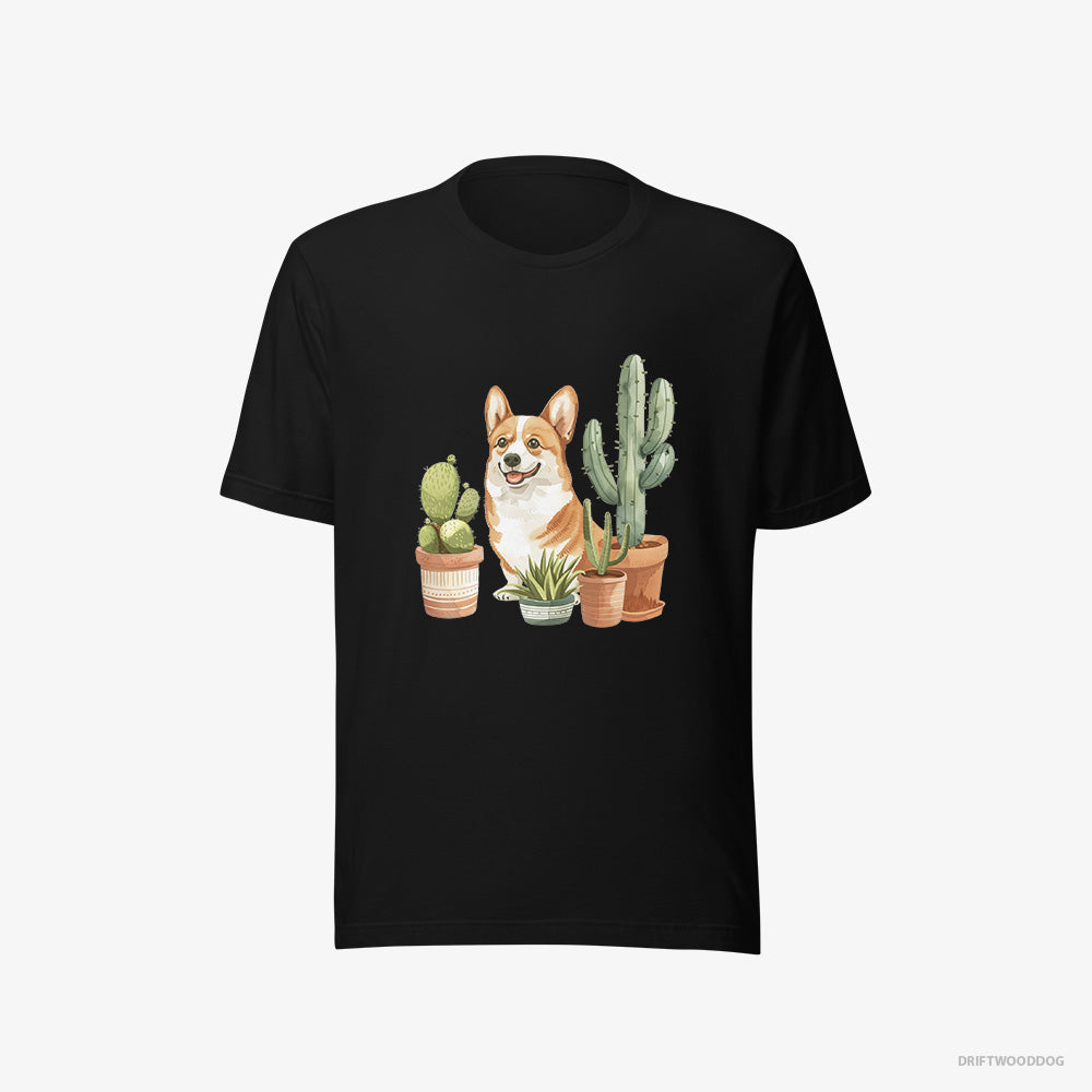 Corgi T-Shirt – Men Black T-Shirt Eco-Friendly – Sitting Among the Greenery (on White Background)