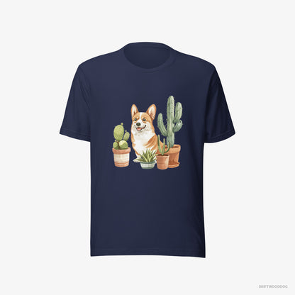 Corgi T-Shirt – Men Navy T-Shirt Eco-Friendly – Sitting Among the Greenery (on White Background)