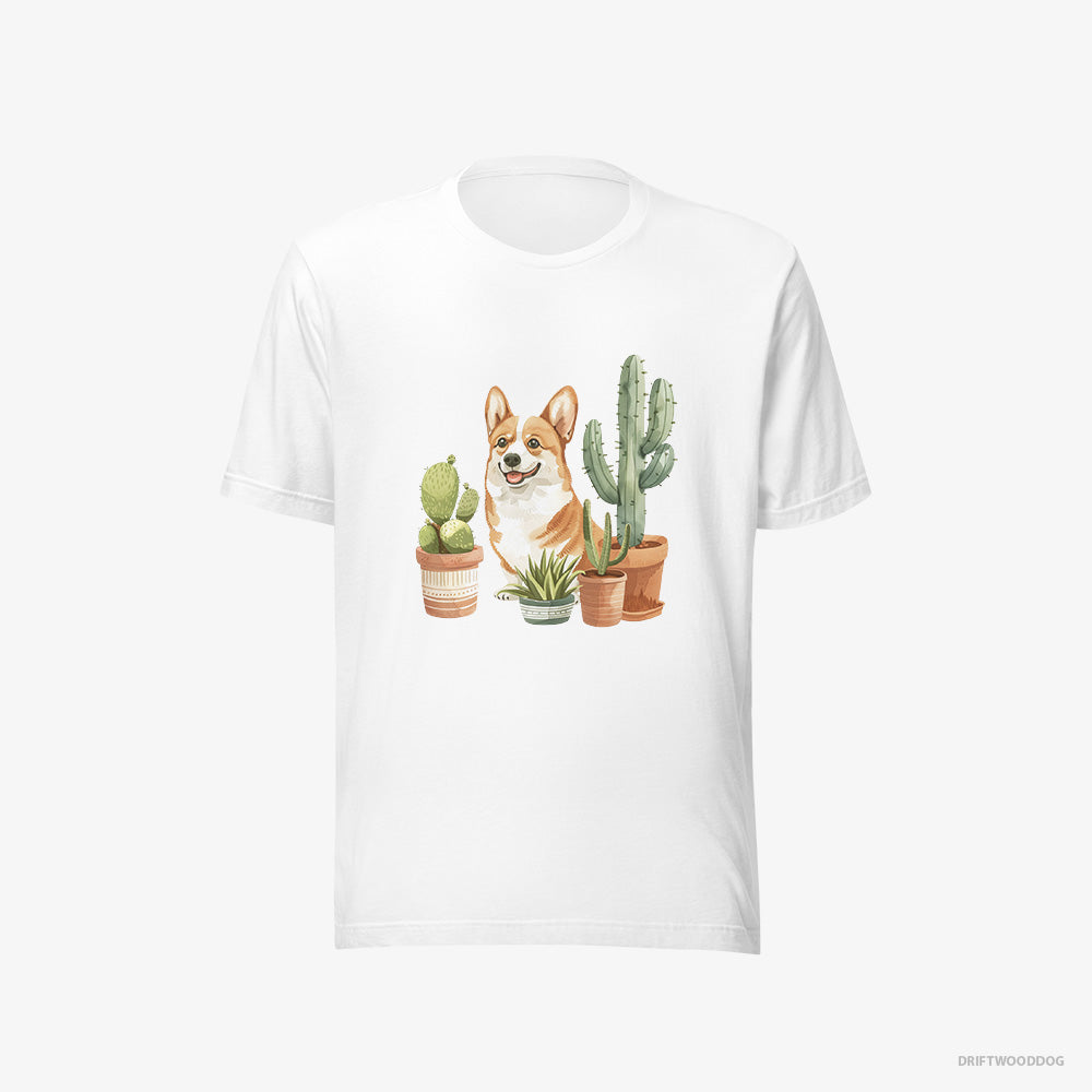 Corgi T-Shirt – Women White T-Shirt Eco-Friendly – Sitting Among the Greenery (on White Background)