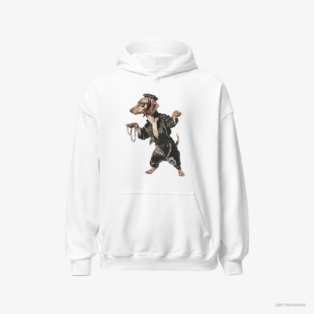 Dachshund Hoodie – Women White Hoodie Classic – in a Dark Groove (on White Background)