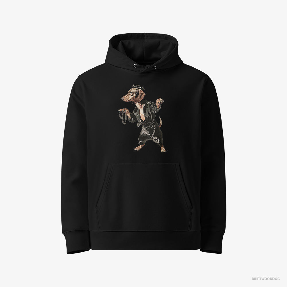 Dachshund Hoodie – Women Black Hoodie Eco-Friendly – in a Dark Groove (on White Background)