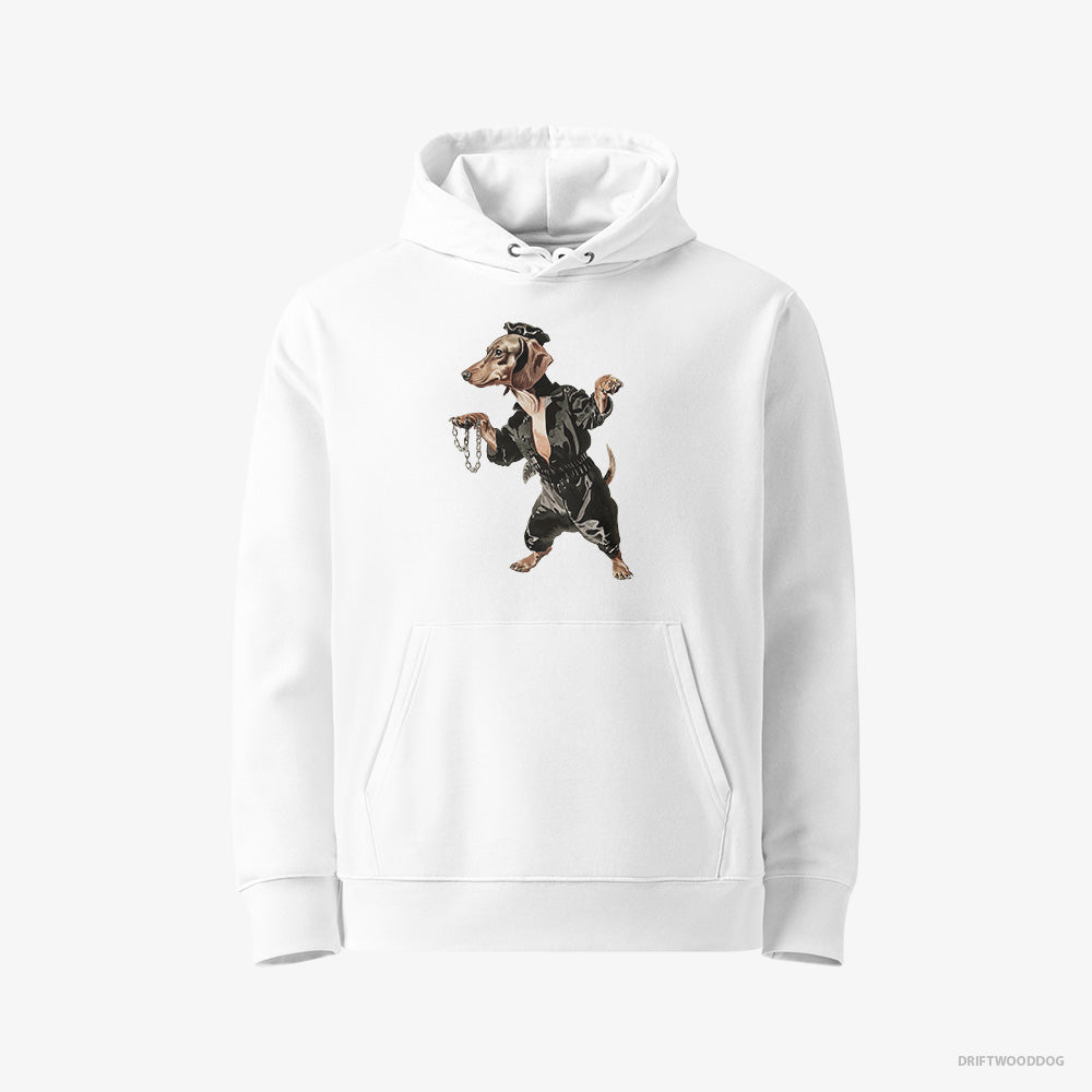 Dachshund Hoodie – Men White Hoodie Eco-Friendly – in a Dark Groove (on White Background)