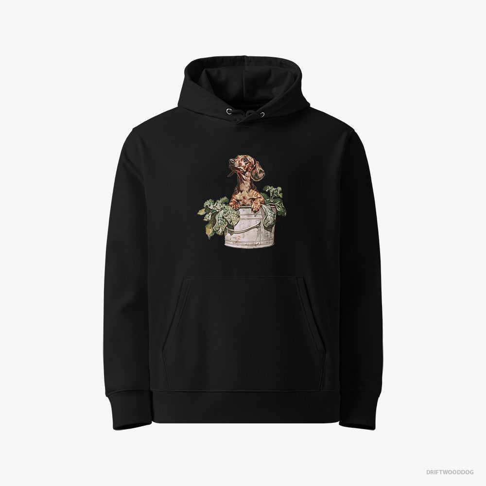 Dachshund Hoodie – Women Black Hoodie Eco-Friendly – in the Vegetable Patch (on White Background)