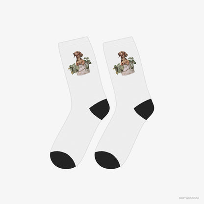 Dachshund Socks – Unisex White Socks Classic – in the Vegetable Patch (on White Background)