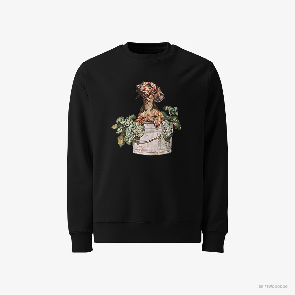 Dachshund Sweatshirt – Men Black Sweatshirt Classic – in the Vegetable Patch (on White Background)