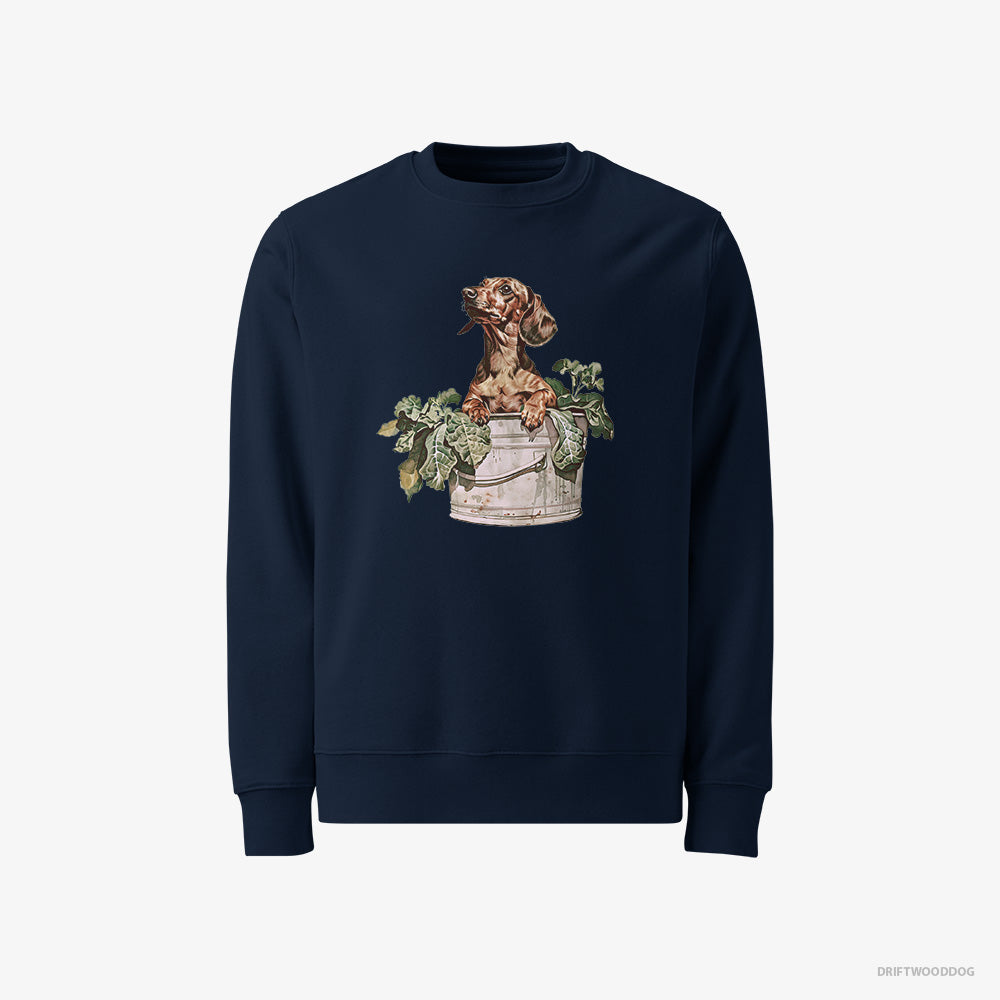 Dachshund Sweatshirt – Men Navy Sweatshirt Classic – in the Vegetable Patch (on White Background)