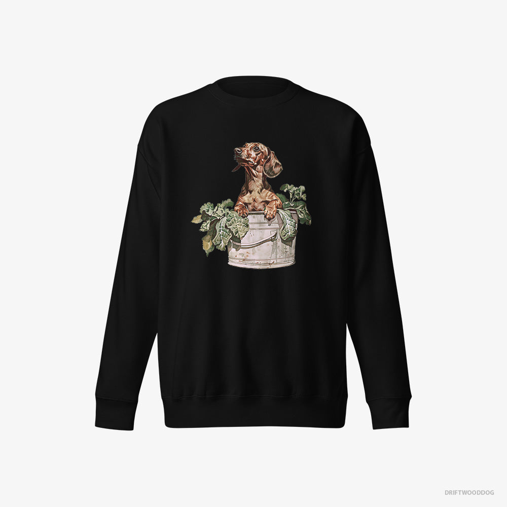 Dachshund Sweatshirt – Women Black Sweatshirt Eco-Friendly – in the Vegetable Patch (on White Background)