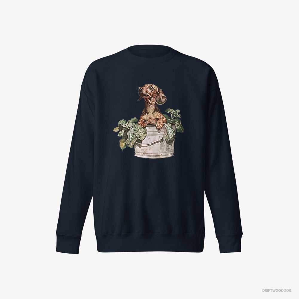 Dachshund Sweatshirt – Men Navy Sweatshirt Eco-Friendly – in the Vegetable Patch (on White Background)