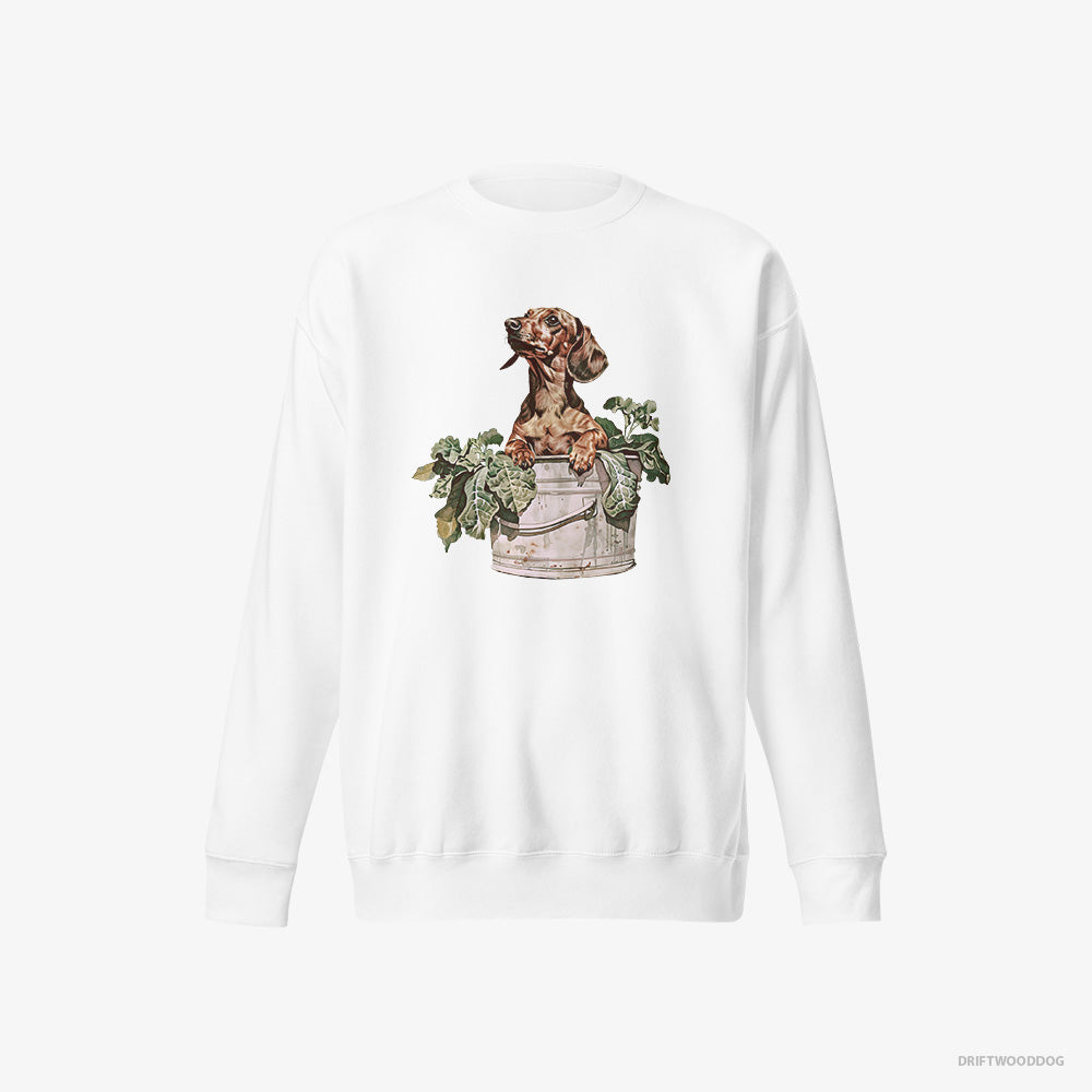 Dachshund Sweatshirt – Men White Sweatshirt Eco-Friendly – in the Vegetable Patch (on White Background)