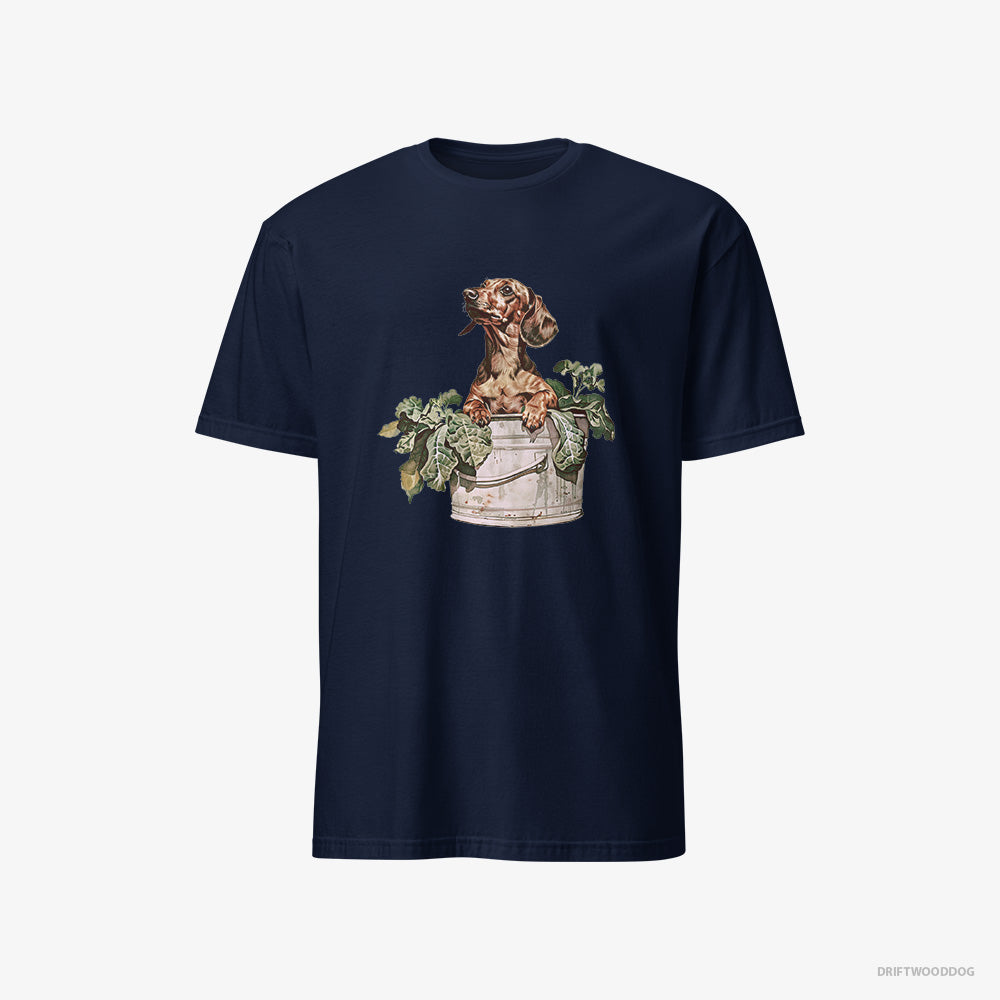 Dachshund T-Shirt – Men Navy T-Shirt Classic – in the Vegetable Patch (on White Background)