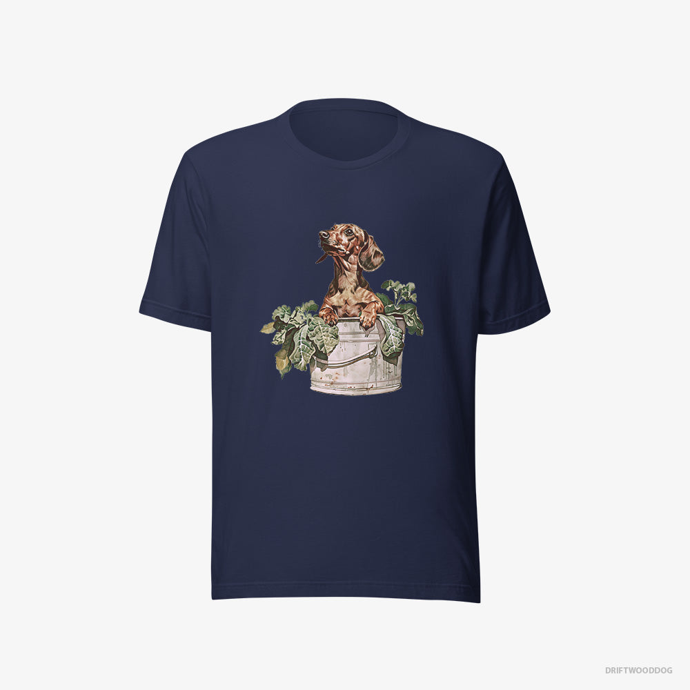 Dachshund T-Shirt – Women Navy T-Shirt Eco-Friendly – in the Vegetable Patch (on White Background)