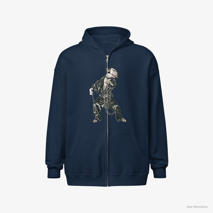 Dalmatian Hoodie – Women Navy Hoodie Full-Zip – in a Bassline Frenzy (on White Background)