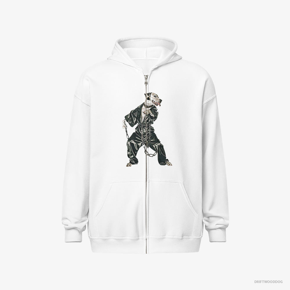 Dalmatian Hoodie – Women White Hoodie Full-Zip – in a Bassline Frenzy (on White Background)