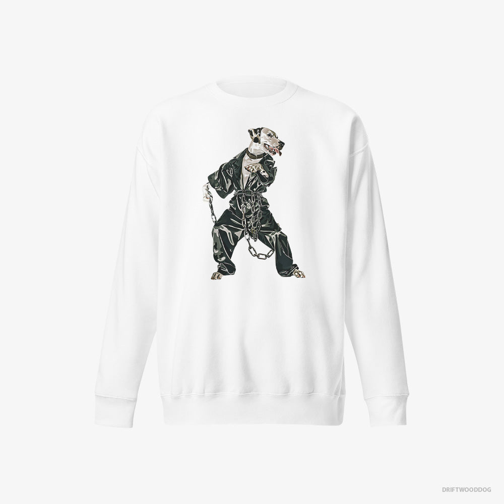 Dalmatian Sweatshirt – Women White Sweatshirt Eco-Friendly – in a Bassline Frenzy (on White Background)