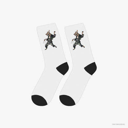 Dobermann Socks – Unisex White Socks Classic – Raving in Chains (on White Background)