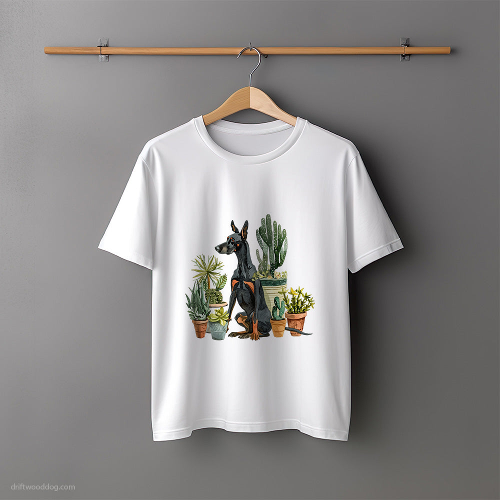 Dobermann Admiring the Garden Flowers T-Shirt – Unisex Tee for Dog Lovers