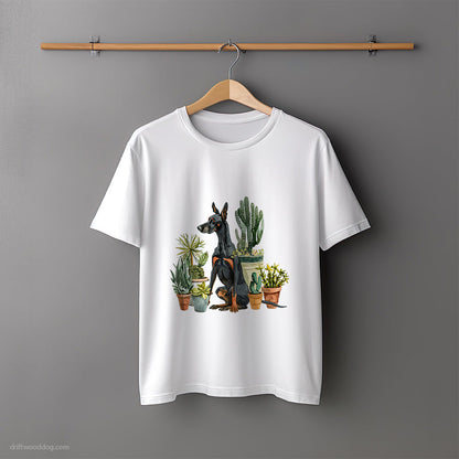 Dobermann Admiring the Garden Flowers T-Shirt – Unisex Tee for Dog Lovers