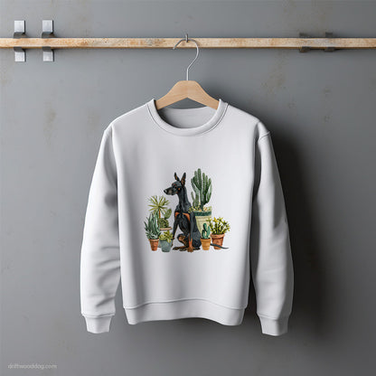 Dobermann Admiring the Garden Flowers Sweatshirt – Unisex Sweatshirt for Dog Lovers