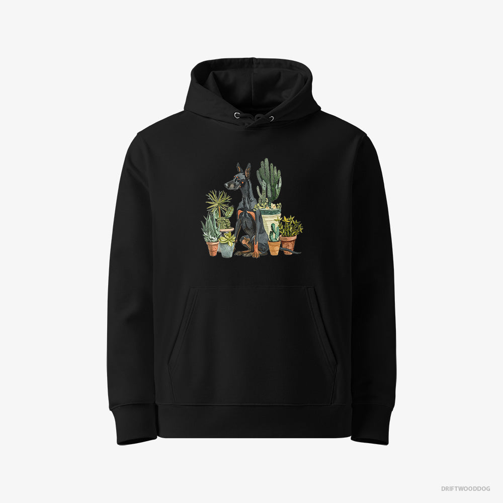 Dobermann Hoodie – Women Black Hoodie Eco-Friendly – Admiring the Garden Flowers (on White Background)