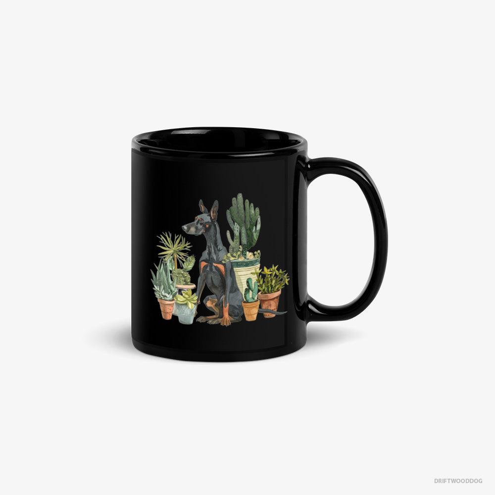 Dobermann Mug – Unisex Black Mug Classic – Admiring the Garden Flowers (on White Background)