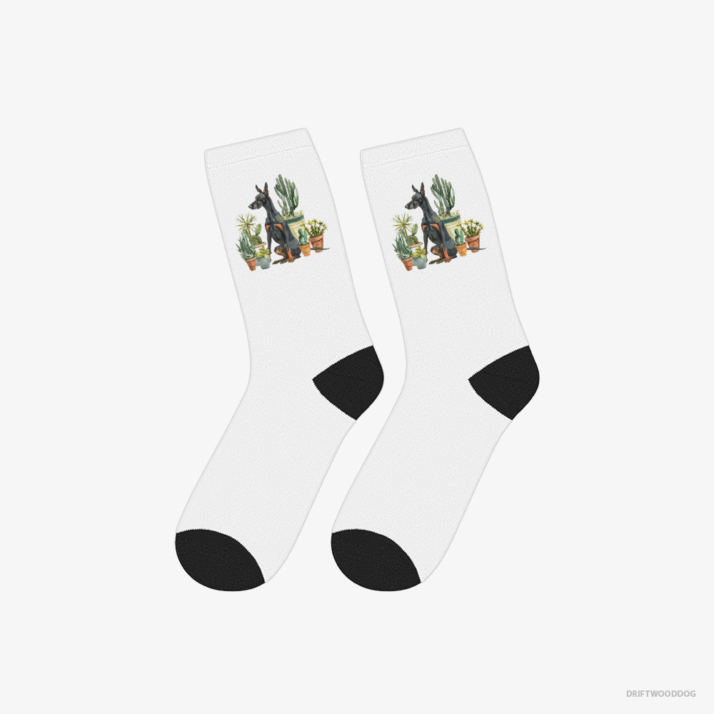 Dobermann Socks – Unisex White Socks Classic – Admiring the Garden Flowers (on White Background)