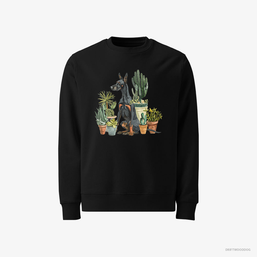 Dobermann Sweatshirt – Men Black Sweatshirt Classic – Admiring the Garden Flowers (on White Background)