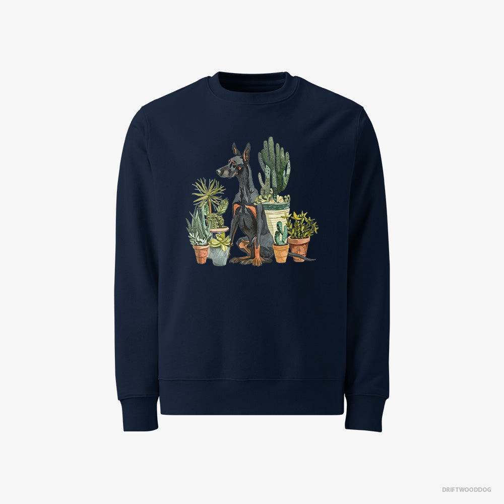 Dobermann Sweatshirt – Men Navy Sweatshirt Classic – Admiring the Garden Flowers (on White Background)