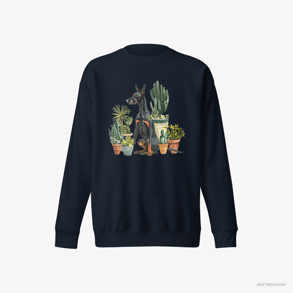 Dobermann Sweatshirt – Men Navy Sweatshirt Eco-Friendly – Admiring the Garden Flowers (on White Background)