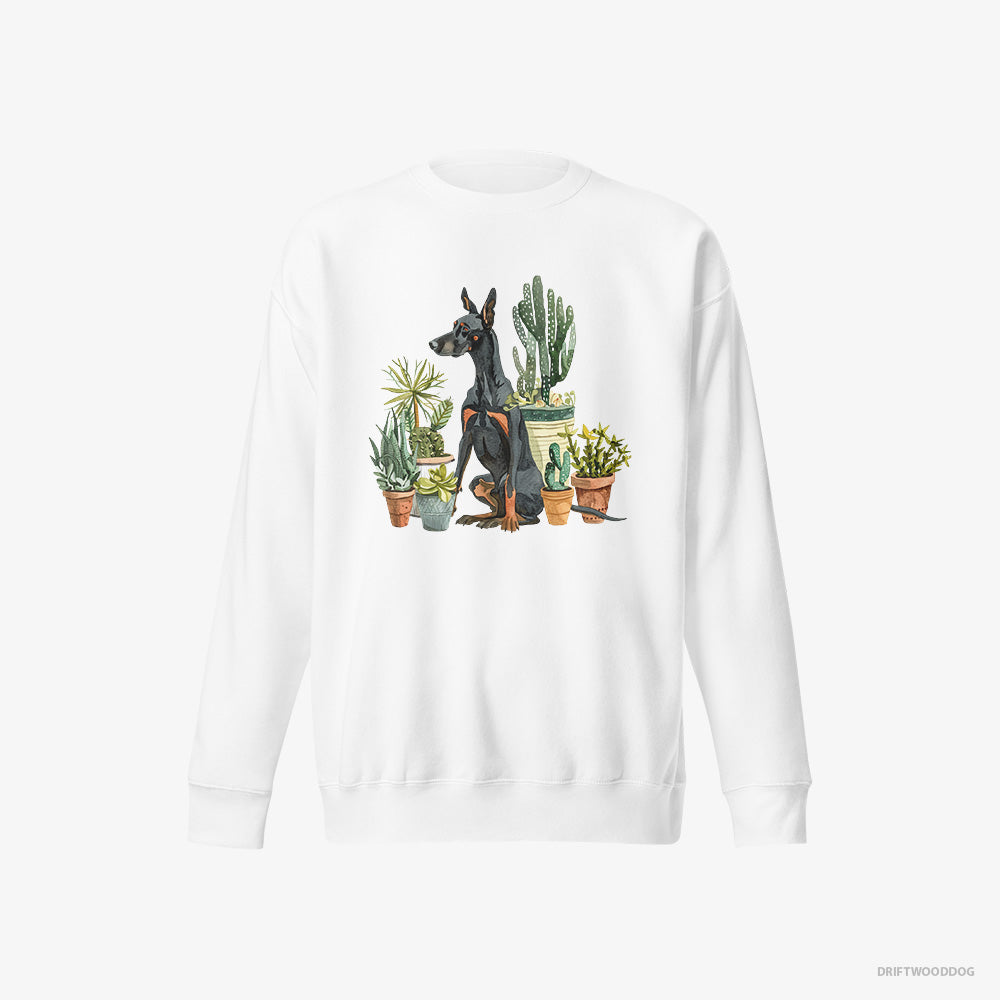 Dobermann Sweatshirt – Men White Sweatshirt Eco-Friendly – Admiring the Garden Flowers (on White Background)