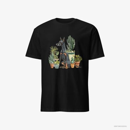 Dobermann Admiring the Garden Flowers Black T-Shirt