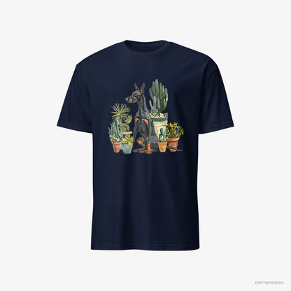 Dobermann T-Shirt – Men Navy T-Shirt Classic – Admiring the Garden Flowers (on White Background)