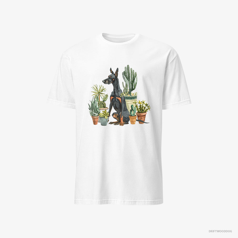 Dobermann T-Shirt – Men White T-Shirt Classic – Admiring the Garden Flowers (on White Background)