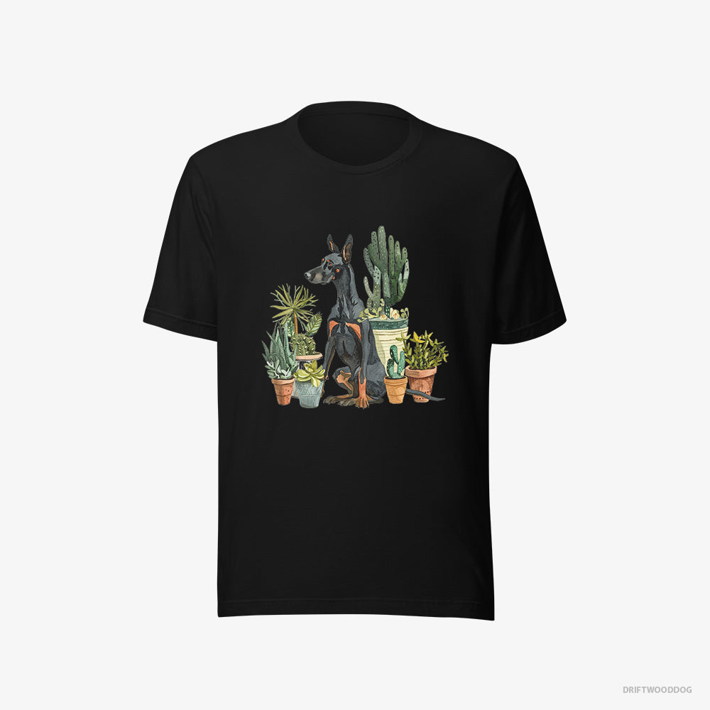 Dobermann T-Shirt – Women Black T-Shirt Eco-Friendly – Admiring the Garden Flowers (on White Background)