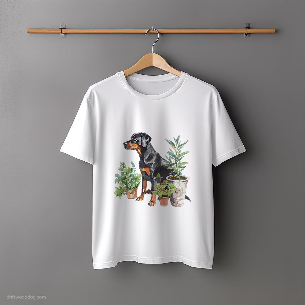 Dobermann Between Plant Pots T-Shirt – Unisex Tee for Dog Lovers