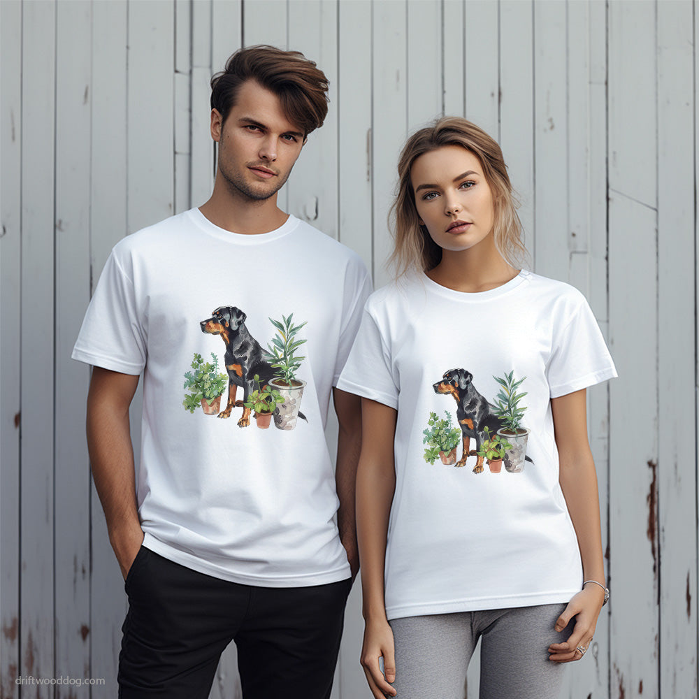 Dobermann Between Plant Pots T-Shirt – Unique Dog T-Shirts for Pet Lovers