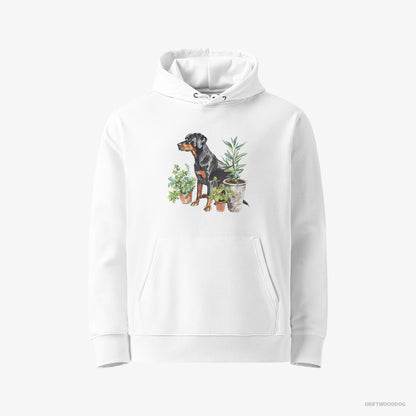 Dobermann Hoodie – Men White Hoodie Eco-Friendly – Between Plant Pots (on White Background)