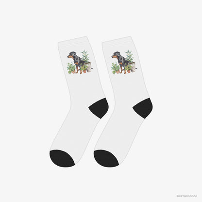 Dobermann Socks – Unisex White Socks Classic – Between Plant Pots (on White Background)