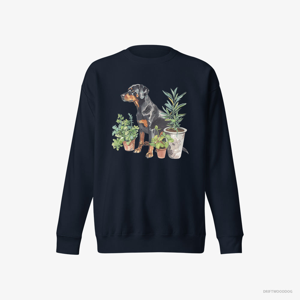 Dobermann Sweatshirt – Women Navy Sweatshirt Eco-Friendly – Between Plant Pots (on White Background)