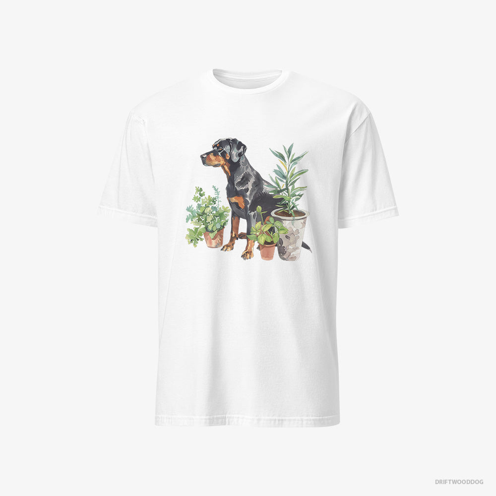 Dobermann T-Shirt – Men White T-Shirt Classic – Between Plant Pots (on White Background)