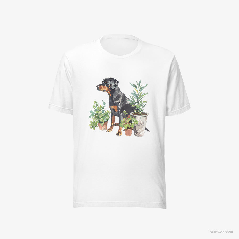 Dobermann T-Shirt – Women White T-Shirt Eco-Friendly – Between Plant Pots (on White Background)