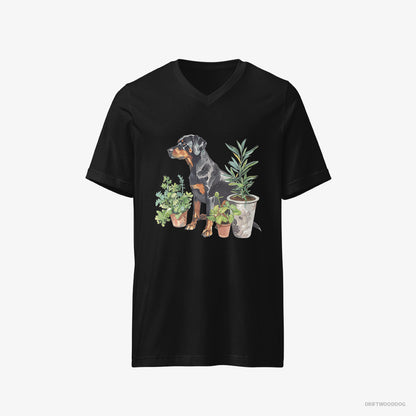 Dobermann T-Shirt – Men Black T-Shirt V-Neck – Between Plant Pots (on White Background)